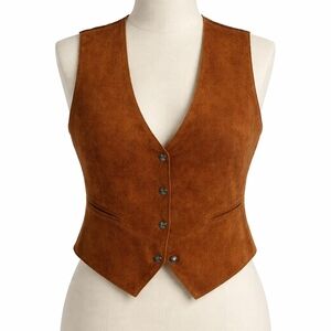 Vintage Brown Leather Vest Paris Sport Club Western Snap Front Size L